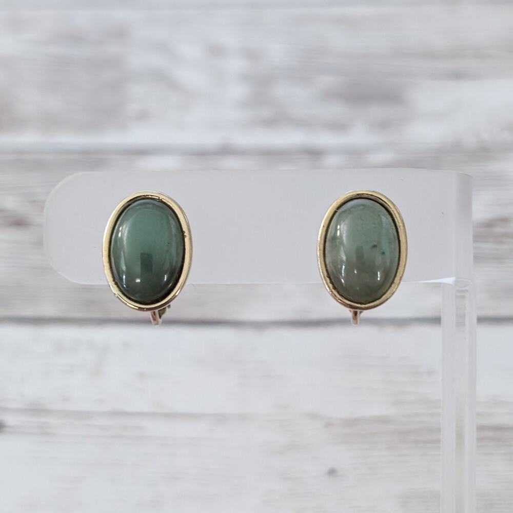Vintage Clip On Earrings Dusky Green Oval with Gold Tone Halo